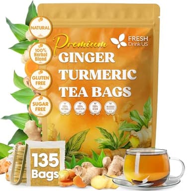 FreshDrinkUS, Premium 135 Turmeric Ginger Tea Bags, 100% Natural Ingredients, Hand-made Blend of Turmeric and Ginger Herbal Tea, Eco-conscious Tea Bags. No Sugar, No Caffeine, No Gluten, Vegan. - Image 1
