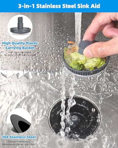 Hibbent 2 Pack 3 in 1 Kitchen Sink Drain Strainer and Stopper Combo, Stainless Steel Metal Pop Up Sink Stopper, Anti-Clogging Basket Strainer with Handle for US Standard 3-1/2 Inch Drain, Black - Image 2