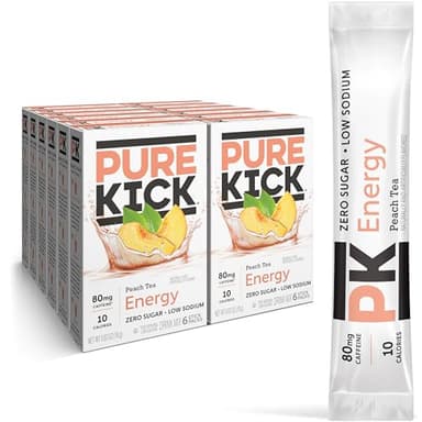 PURE KICK Energy Singles To Go Drink Mix, Peach Tea, Includes 12 Boxes with 6 Packets in each Box, 72 Total Packets - Image 1