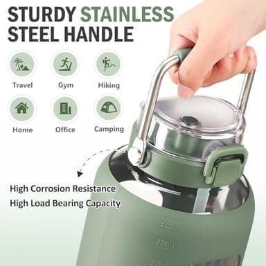 WINSA 84oz Glass Water Bottle with Stainless Steel Handle,2.5L Gallon Water Bottle with 2-IN-1 Straw Lid, Silicone Sleeve and Motivational Capacity Marker, Wide Mouth Water Jug For Gym, Workout, Olive - Image 7