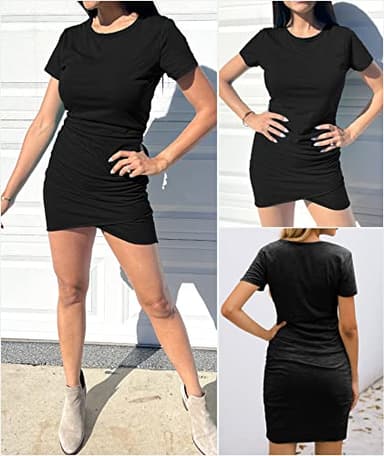 BTFBM Women's 2025 Summer Casual Beach Dresses Crew Neck Short Sleeve Wrap Party Club Mini Ruched Bodycon T Shirt Dress(Black, Small) - Image 3