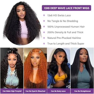 Tagota 32 Inch Deep Wave Lace Front Wigs Human Hair 13x6 HD Lace Front Wigs Human Hair Pre Plucked Brazilian Curly Wig Human Hair 200 Density Glueless Frontal Wigs with Baby Hair For Women - Image 3
