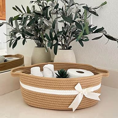CHICVITA Small Woven Rope Gift Basket, Baby Nursery Storage Baskets for Towels, Snacks, Toys, Diapers, Rectangle Shelf Baskets for Bathroom, Cute Brown Basket, 13 x 9.8 x 5 inches - Image 3