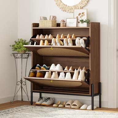 IRONCK Shoe Cabinet Storage with 2 Flip Drawers, Free Standing Wooden Shoe Storage Organizer Cabinet with Rattan Doors for Entryway, Narrow Shoe Rack Cabinet, Walnut - Image 2