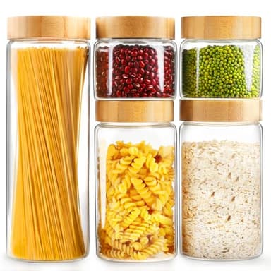 AISIPRIN Airtight Glass Jar with Lid, Glass Storage Containers with Screw On Bamboo Lids, for Cookie, Pasta, Cereal Storage Containers, 5Pcs 80oz 50oz 27oz Canisters Sets for the Kitchen - Image 1