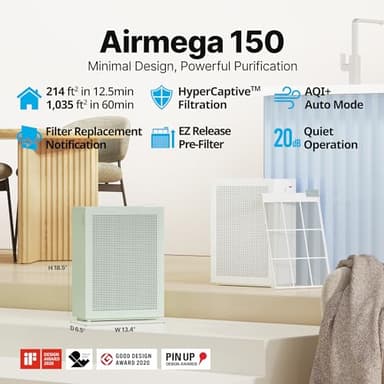 COWAY Air Purifiers for Home Bedroom up to 1,035ft² with Washable Filter, True HEPA Filter for Smoke, Pollen, Dander, Smell Air Purifier with Air Quality Monitor, Auto Mode, 3yr Warranty, 150, White - Image 3