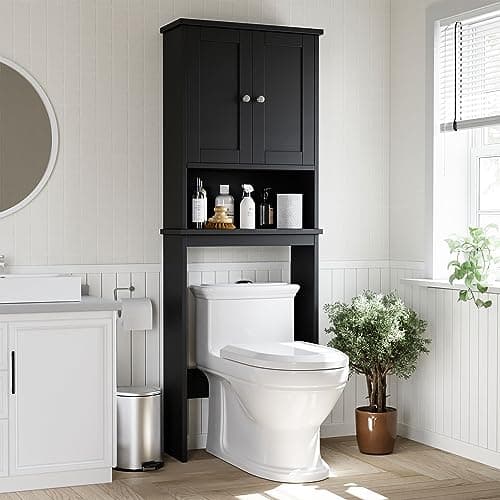 Shintenchi Over The Toilet Storage Cabinet, Bathroom Shelf Organizer with Anti-Tip Device Small Freestanding Space Saver with Adjustable Shelf，Black - Image 1