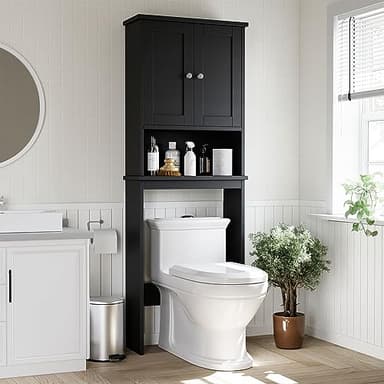 Shintenchi Over The Toilet Storage Cabinet, Bathroom Shelf Organizer with Anti-Tip Device Small Freestanding Space Saver with Adjustable Shelf，Black - Image 1