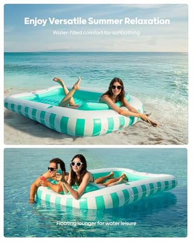 QPAU Inflatable Tanning Pool Float for Adults, 82" x 60" XL Sun Lounger with Removable Pillow, Footrest, Cup Holders, Cushion Base, Durable PVC, for Pool, Patio, Garden, Lake Use - Image 5