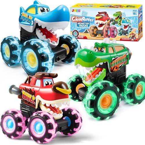 JOYIN 3 Pack Monster Truck Toy - Motion Activated Light-Up Cars for Toddlers - Monster Treads Lightning Wheels - Baby Toy Trucks - Press & Go Cars for Kids Boys Birthday Gifts for Christmas - Image 1