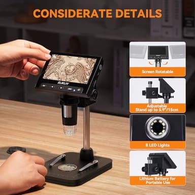 Elikliv Coin Microscope, 4.3'' LCD Digital Microscope 1000x, Coin Magnifier with 8 Adjustable LED Lights, PC View Compatible with Windows/Mac, EDM4B, Black - Image 8