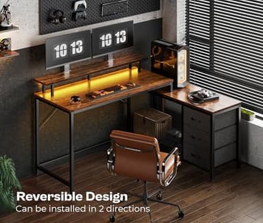 Huuger Reversible L Shaped Computer Desk with Drawers, Gaming Desk with LED Lights and Power Outlets, Office Desk with Storage, Monitor Stand, for Home & Office, Rustic Brown - Image 7