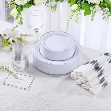 DaYammi 350PCS Silver Plastic Dinnerware Set for 50 Guests, Fancy Disposable Plates for Party, Include: 50 Dinner Plates, 50 Dessert Plates, 50 Pre Rolled Napkins with Silver Silverware, 50 Cups - Image 3