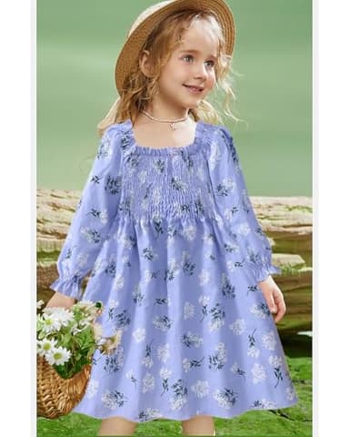 Toddler Long Sleeve Floral Dress Easter Smocked Spring Summer Clothes Girl School Outfits Church Sundress Flower Purple 3 Years - Image 3