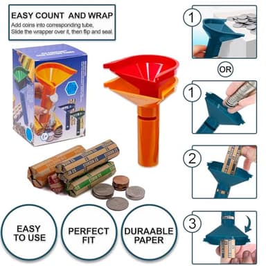 PM Company Color-Coded Coin Counting Tube with 150 Assorted Flat Coin Wrappers for Pennies Through Quarters (05032), Blue; Green;Orange;red, Set of 4 - Image 3