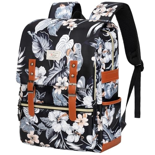 Ronyes Vintage Backpack for Women Men, Laptop Backpack 15.6 inch Bookbag Casual Daypack for College Work, Black with Flower Pattern - Image 1