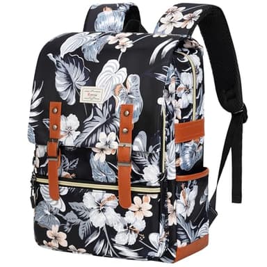 Ronyes Vintage Backpack for Women Men, Laptop Backpack 15.6 inch Bookbag Casual Daypack for College Work, Black with Flower Pattern - Image 1
