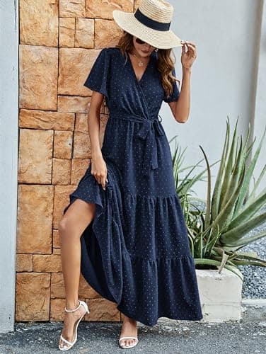 MASCOMODA Women Boho Swiss Dot Maxi Dresses Wrap V Neck Flutter Short Sleeve Solid Tie Waist A Line Tiered Flowy Long Dress(Navy,X-Large) - Image 2