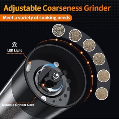 2Pack Electric Salt and Pepper Grinder Set USB Rechargeable with Warm LED Light, Adjustable Coarseness Lidaop Large Capacity Automatic Salt Pepper Mill Grinder for Kitchen, Restaurant, Outdoor, Black - Image 3