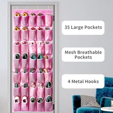 SAVERHO 35 Pockets Over the Door Shoe Organizer, Hanging Shoe Organizer for Door with 35 Mesh Pockets Large Capacity Shoe Hanging Storage Bag with 4 Metal Hooks (Pink-1Pack) - Image 4