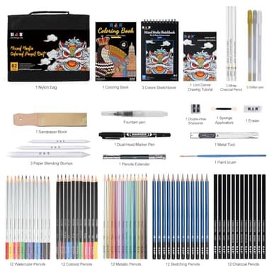 H & B 82 Pcs Drawing Kit Sketching Pencil Set, Sketch Pencils Art Supplies with 3-Color Sketchbook, Graphite, Charcoal, Blending Tools, Drawing Pencils for Adults Artists in Zipper Case - Image 4