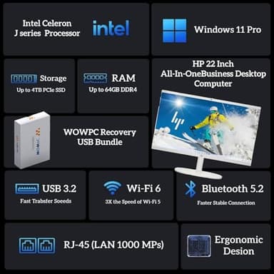 HP 2025 New 22 Inch All-in-One Desktop Computer • Intel CPU • Ultra-Quiet Design • Microsoft Office Trial • Wi-Fi 6 • White KB & Mouse • WOWPC Recovery USB • Windows 11 (20GB RAM | 1TB SSD) - Image 2