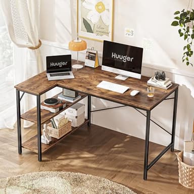 Huuger 47 Inches L Shaped Desk, Computer Desk with Reversible Storage Shelves, for Gaming Corner Home Office Writing Study, Metal Frame, Rustic Brown - Image 2