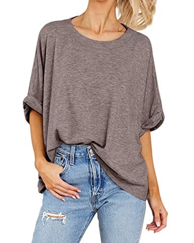 Women Oversized T-Shirt Summer Casual Short Sleeve Loose Tee Tops Brown - Image 2