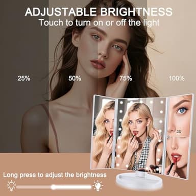 deweisn Floor Mount Tri-Fold Lighted Vanity Mirror with 21 LED Lights, Touch Screen and 3X/2X/1X Magnification, Two Power Supply Modes Make Up Mirror,Travel Mirror - Image 3