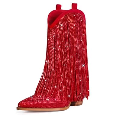 Ouepiano Red Cowboy Boots for Women - Red Cowgirl Rhinestone Boots with Sparkly Fringe Pointed Toe Western Boot Chunky Heel Pull-On Wide Calf Botas Vaqueras Size 10.5 - Image 1