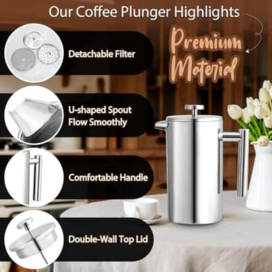 34oz French Press Coffee Maker, 1000ml Stainless Steel Double Insulated Cafetiere 8 Cup Espresso Coffee Press, Portable Coffee Plunger Pot for Home, Office, Camping - Image 3