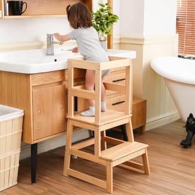 Kids Kitchen Step Stool for Kids with Safety Rail,Solid Wood Construction Toddler Learning Stool, Montessori Toddlers Kitchen Stool Tower(Natural) - Image 2