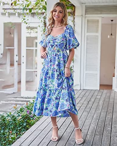 BTFBM Women Summer Dresses 2025 Casual Flowy Beach Square Neck Puff Short Sleeve Smocked Back Boho Floral Long Maxi Dress(Floral Blue, Medium) - Image 6