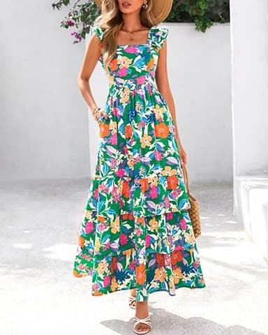 dowerme Summer Dresses for Women 2025 Casual Ruffle Smocked Tiered A-Line Boho Floral Maxi Beach Sun Dress with Pockets(Green Orange Flower,Large) - Image 8