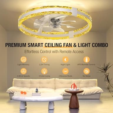 SKRFORM Ceiling Fans with Lights and Remote, 20'' Low Profile Flush Mount Ceiling Fan with 6 Speeds & 3 Color Temperature, 3000-6500K Dimmable Led Fandelier for Bedroom Livingroom, White - Image 2