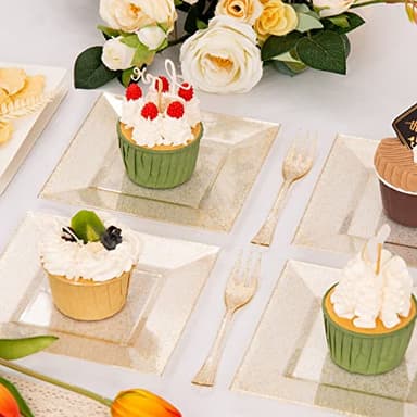 DaYammi 200Pcs Gold Dessert Plates Including 100Pcs Appetizer Plates 6",100Pcs Plastic Forks 5.7",Gold Glitter Plastic Square Plate for Party,Gold Salad Plate and Cake Forks for Wedding Birthday - Image 2