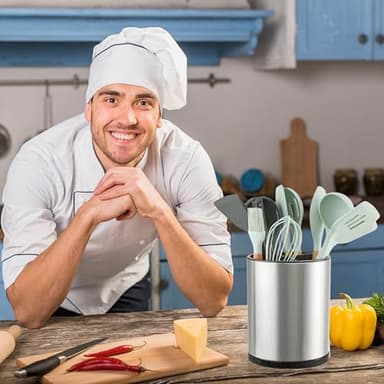 LIBODOUR Kitchen Utensil Holder Extra Large 360°Rotating For Counter Organizer Stainless Steel Storage Cooking Silverware Caddy 3 Compartment Flatware Spoon Spatula Tool Cutlery Container（Silvery） - Image 2