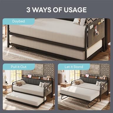 LIKIMIO Daybed with Trundle Bed, Twin Bed Frame with Storage Headboard and Charging Station, Sofa Day Bed with Strong Supports for Living Room, Bedroom, and Guest Room, Grey - Image 4