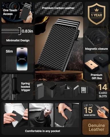 typecase Mens Wallet Card Holder: Pop Up Aluminum Case, Genuine Leather, Smart, RFID Blocking, Slim, Minimalist, Front Pocket - 9-14 Card Capacity | ID Window | Cash Slot (Carbon Fiber) - Image 2