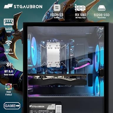STGAubron Gaming PC Computer Desktop, Intel i7 Xeon E5 2.8G, Radeon RX 580 8G, 16G DDR4, 512G SSD, 600M WiFi, BT 5.0, RGB Fan x3, Windows 11 Home - Image 3