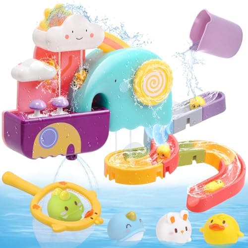 CUTE STONE Baby Bath Toys - Bathtub Toy W/ Water Slide Building Track, No Hole Floating Squirting Toys, Duck Fishing Net Game, Toddler Shower Toys, Educational Gifts for Boys & Girls - Image 1
