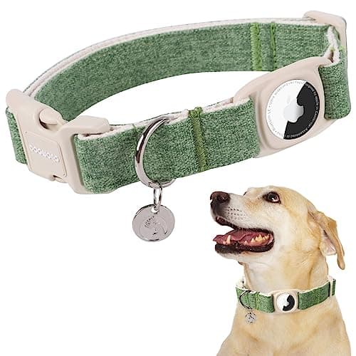 DOGWONG Airtag Cotton Hemp Dog Collar, Heavy-Duty Dog Collar with Airtag Holder Green Natural Fabric Pet Cute Puppy Necklace for Small Medium Large Dogs - Image 1