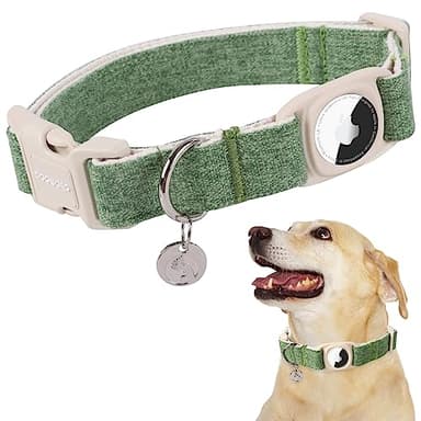 DOGWONG Airtag Cotton Hemp Dog Collar, Heavy-Duty Dog Collar with Airtag Holder Green Natural Fabric Pet Cute Puppy Necklace for Small Medium Large Dogs - Image 1