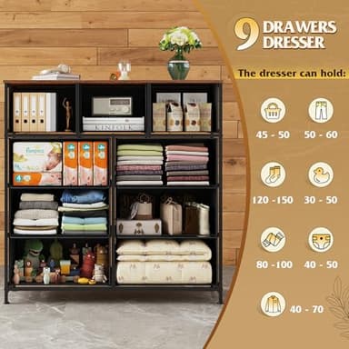 WLIVE 9 Drawer Dresser, Fabric Storage Tower for Bedroom, Hallway, Closet, Tall Chest Organizer Unit for Bedroom with Fabric Bins, Steel Frame, Wood Top, Easy Pull Handle, Black and Rustic Brown - Image 4