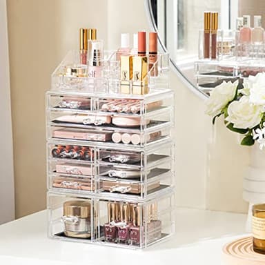 HBlife Acrylic Clear Dustproof Makeup Storage Organizer Drawers Large Skin Care Cosmetic Display Cases for Bathroom Stackable Storage Box with 12 Drawers for Vanity (Clear) - Image 5