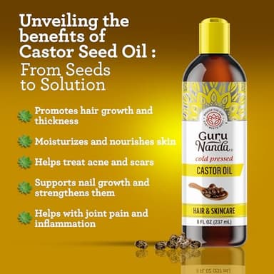 GuruNanda Castor Oil (8 Fl oz), 100% Pure & Natural - Cold Pressed & Hexane-Free, Hydrating Carrier Oil for Skin, Hair, Eyebrows & Eyelashes Growth - Image 3