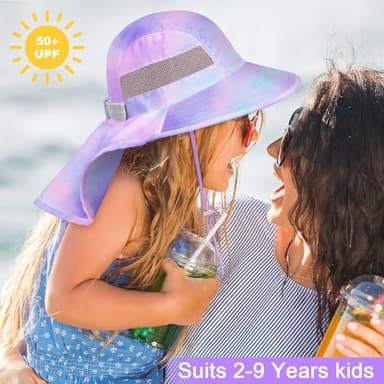 Kids Sun Hat UV Protection Unicorn Summer Beach Play Hats Wide Brim Neck Flap for Girls Boys, Light Purple, 2-9 Years - Image 3