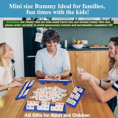 Doublefan Mini Rummy Cube Set, Mini Size Rummy Game with Portable Bag, Small Travel Game for Adult and Kids,106 Tiles, 4 Playing Rack, 1 Dice (2-4 Players) - Image 6