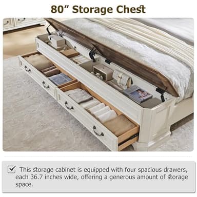 T4TREAM Farmhouse King Bed with Headboard and Storage Bench, Rustic Wood Platform Bed with 80" Storage Chest w/ 4 Large Drawer (Antique White) - Image 4