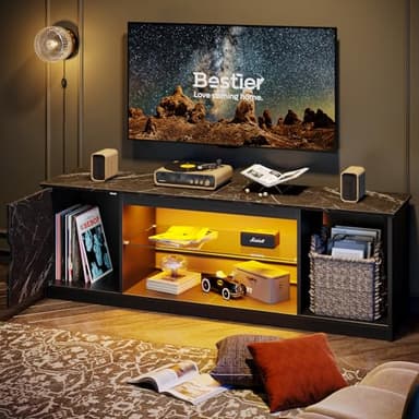 Bestier LED TV Stand for 55/60/65 Inch TV, Gaming Entertainment Center with Cabinet for PS5, Xbox,Modern TV Cabinet with Adjustable Glass Shelves for Living Room, Bedroom 57 Inch,Black Marble - Image 2